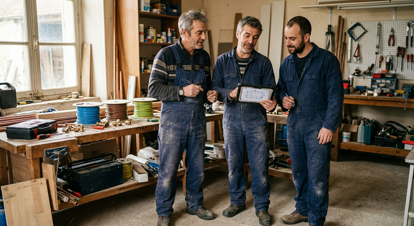 Un plombier et un électricien qui consultent une tablette ensemble dans leur atelier